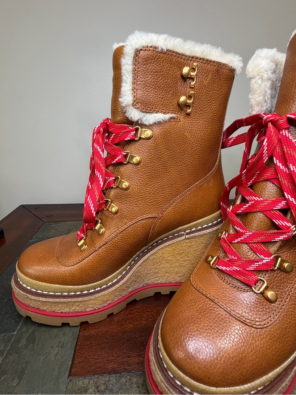 Tory Burch Tan Leather Wedge Boot with Red Laces and Shearling Trim - Picture 4 of 11